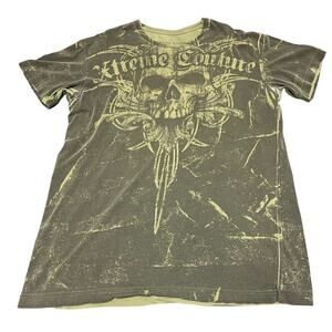Xtreme Couture Affliction Y2K Tribal Skull Grunge T-Shirt Sz XL Green CLEAN